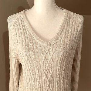 Liz Claiborne Cream V-neck cable knit sweater. Timeless and classic.  Well made.